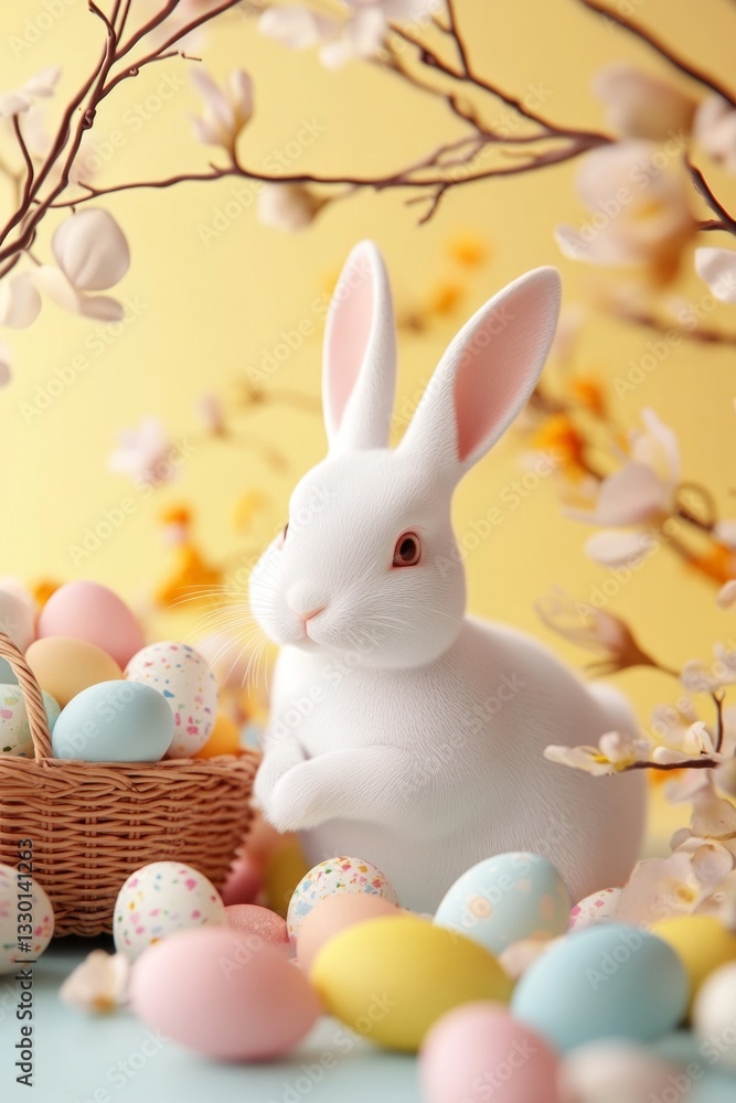 Obraz premium Adorable white bunny surrounded by pastel Easter eggs.