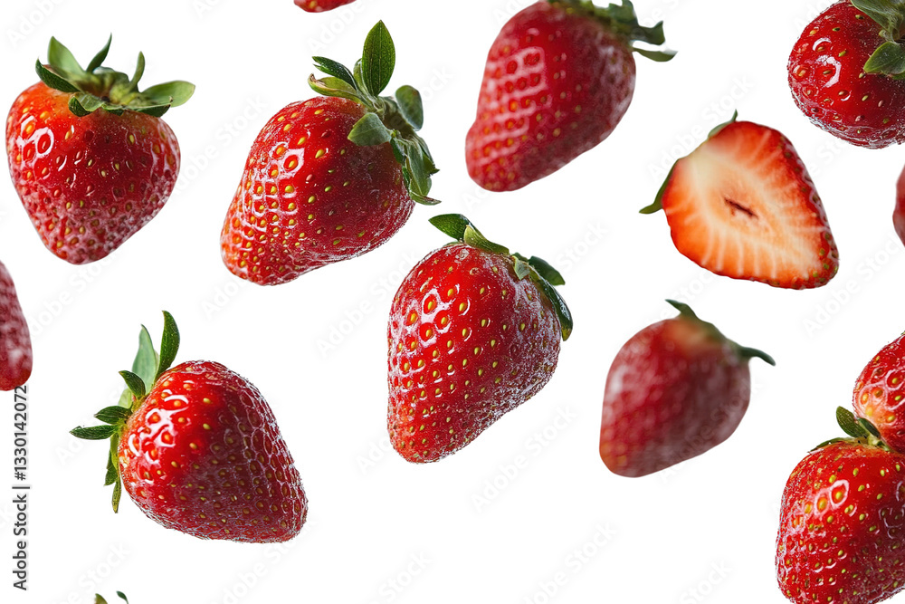 Strawberries flying in the air on a white background.
isolated on transparent background, cut out. Strawberries flying in the air on a white background.
isolated on transparent background, cut out.