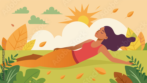 A woman lies on her back in the grass her arms spread out to her sides as she takes deep cleansing breaths the warm sun on her face and the breeze rustling the leaves above her.. Vector illustration