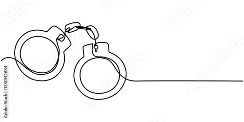 one continuous line drawing handcuffs minimalist design vector illustration law theme object isolated on white background, Handcuffs in one continuous line drawing. Symbol of police justice and jail. 