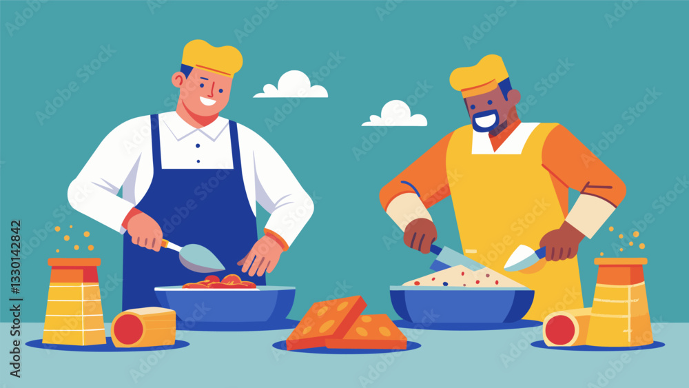 The rhythmic sounds of meat being chopped and grated cheese being sprinkled onto plates fill the air as the skilled vendors assemble each vigor n with practiced speed.. Vector illustration The rhythmic sounds of meat being chopped and grated cheese being sprinkled onto plates fill the air as the skilled vendors assemble each vigor n with practiced speed.. Vector illustration