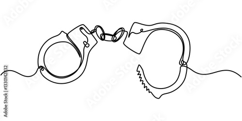 one continuous line drawing handcuffs minimalist design vector illustration law theme object isolated on white background, Handcuffs in one continuous line drawing. Symbol of police justice and jail. 
