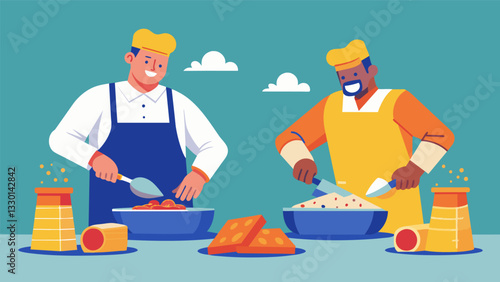 The rhythmic sounds of meat being chopped and grated cheese being sprinkled onto plates fill the air as the skilled vendors assemble each vigor n with practiced speed.. Vector illustration