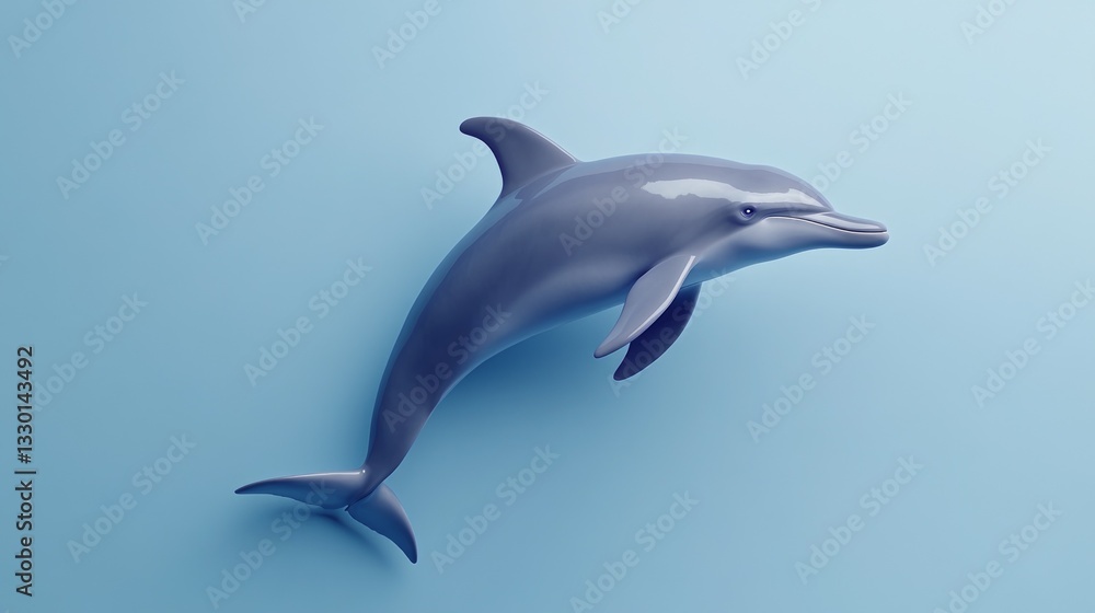 A sleek, gray dolphin leaps through a tranquil, light blue backdrop. A sleek, gray dolphin leaps through a tranquil, light blue backdrop.