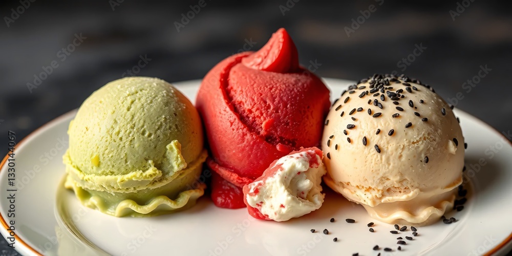 Delectable Ice Cream Dessert Plate Featuring Matcha, Red Bean, And Black Sesame Scoops, A Culinary Delight. Vibrant Colors. A Truly Photorealistic, Delicious Treat. Enjoy! Delectable Ice Cream Dessert Plate Featuring Matcha, Red Bean, And Black Sesame Scoops, A Culinary Delight. Vibrant Colors. A Truly Photorealistic, Delicious Treat. Enjoy!