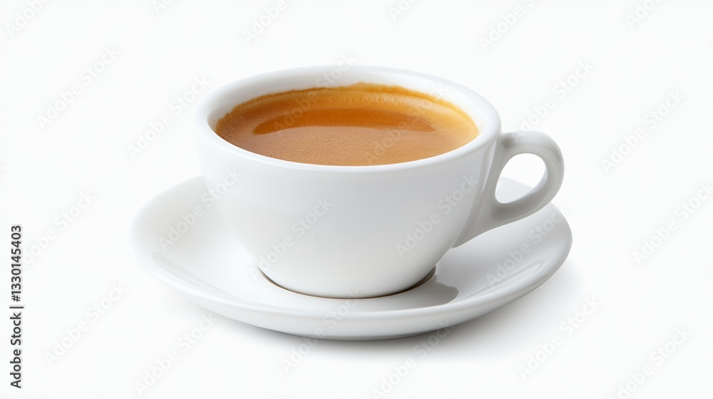 Serving of Espresso in White Cup on Saucer Against White Backdrop Serving of Espresso in White Cup on Saucer Against White Backdrop
