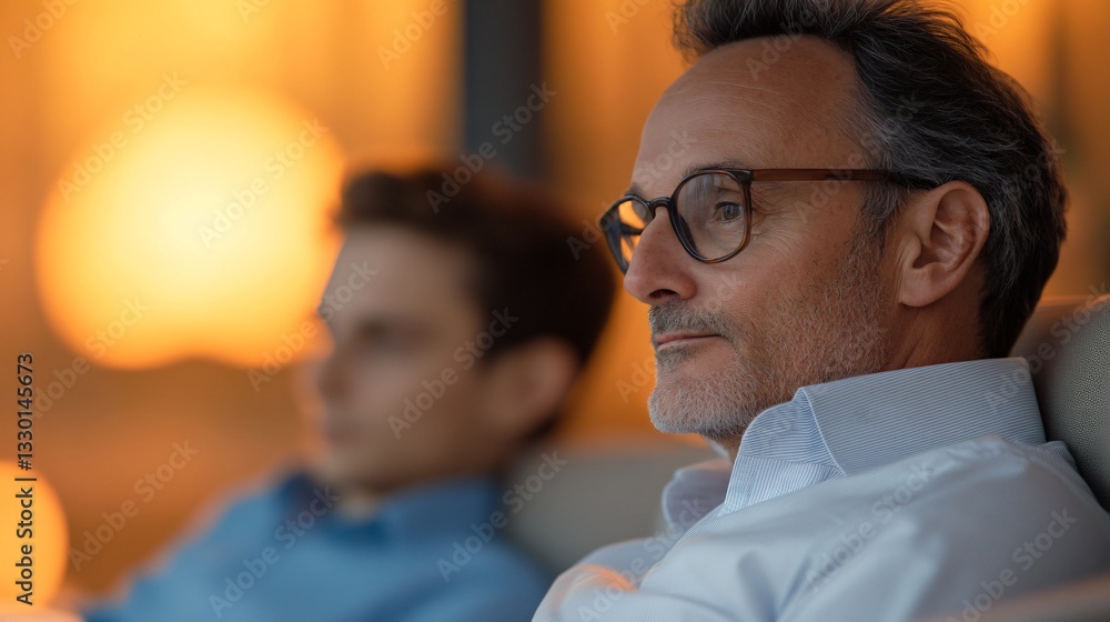 Father and son enjoying movie night, relaxed setting with warm lighting, shared moments of connection and laughter. Father and son enjoying movie night, relaxed setting with warm lighting, shared moments of connection and laughter.