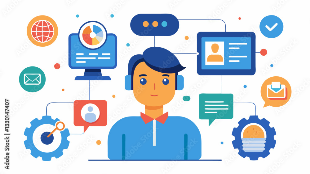 By analyzing customer data the machine learning system is able to identify common issues and recommend specific solutions for efficient customer service.. Vector illustration By analyzing customer data the machine learning system is able to identify common issues and recommend specific solutions for efficient customer service.. Vector illustration