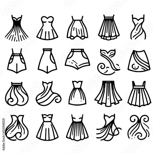 Elegant flowy skirts illustration showcasing various styles and designs on a white background, copy space