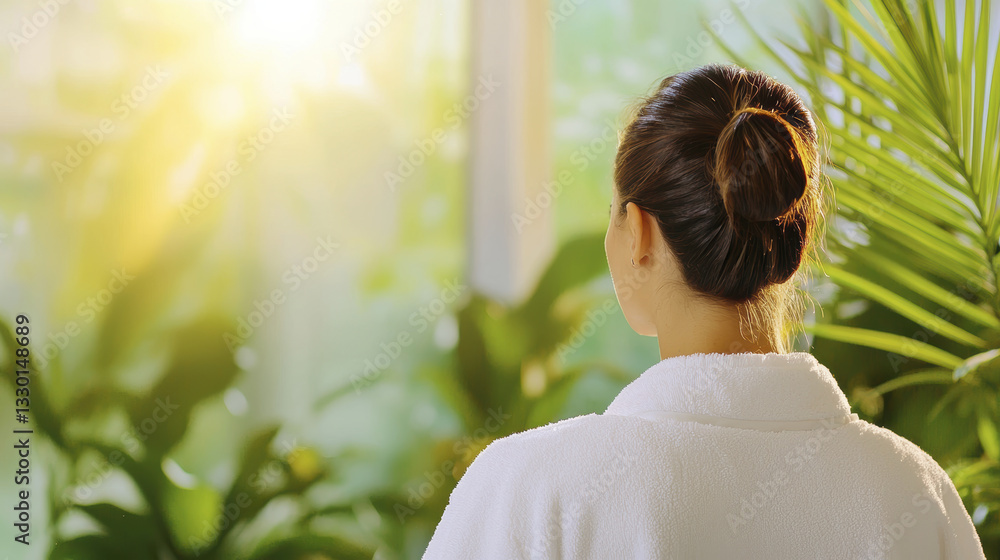 woman in white robe stands peacefully, enjoying sunlight and nature woman in white robe stands peacefully, enjoying sunlight and nature