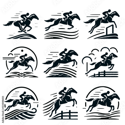 Dynamic steeplechase jump illustrations capturing the excitement of horse racing on a white background, copy space
