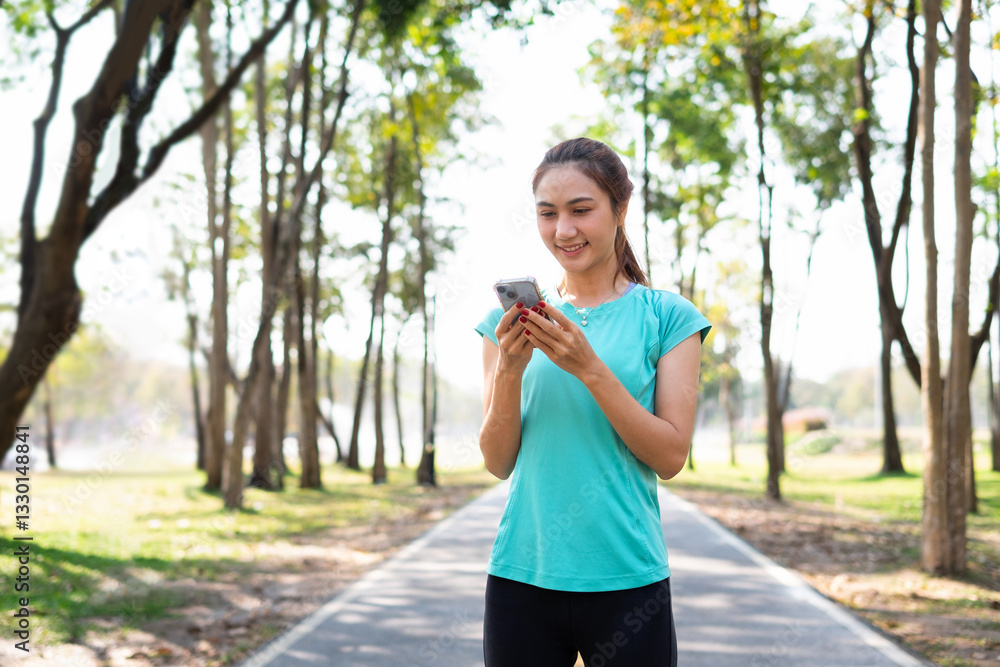 A woman is using her mobile phone before exercising. A woman is using her mobile phone before exercising.