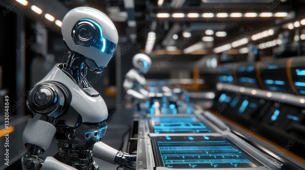 Futuristic Robots Working in High-Tech Laboratory Environment Futuristic Robots Working in High-Tech Laboratory Environment