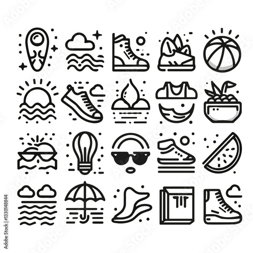 Fun summer sneakers illustration with beach activities, sports, and accessories on a white background, copy space