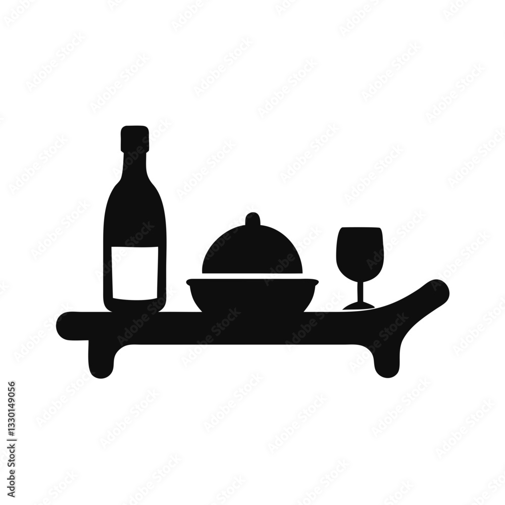 black silhouette of a dining table with wine bottle, dish, and glass in a minimalist style on a white background, for room service