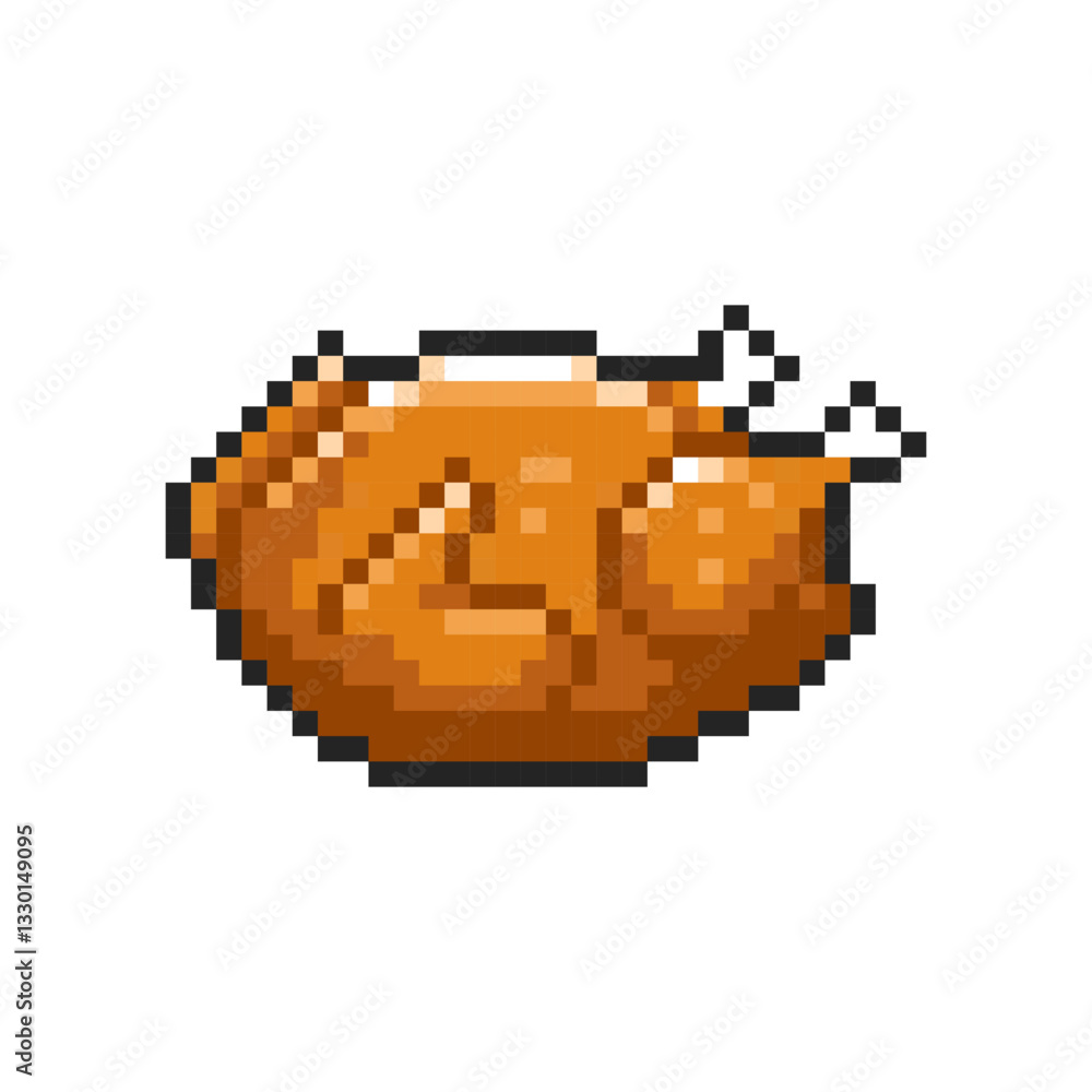 Pixel roasted chicken icon isolated on transparent background. Pixelated badge, game asset or computer arcade item. Turkey for Thanksgiving day. Vector pixel art illustration in 16 bit old style. Pixel roasted chicken icon isolated on transparent background. Pixelated badge, game asset or computer arcade item. Turkey for Thanksgiving day. Vector pixel art illustration in 16 bit old style.
