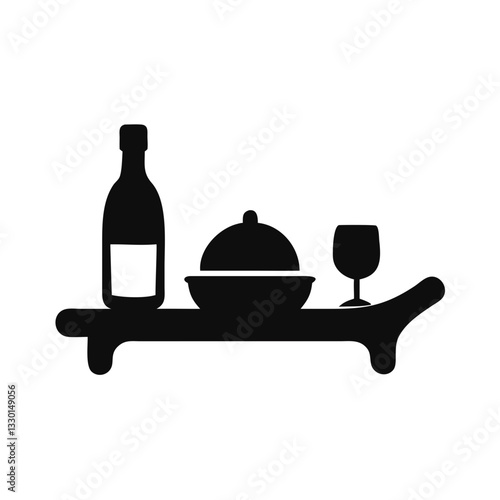 Obraz na płótnie black silhouette of a dining table with wine bottle, dish, and glass in a minimalist style on a white background, for room service w salonie