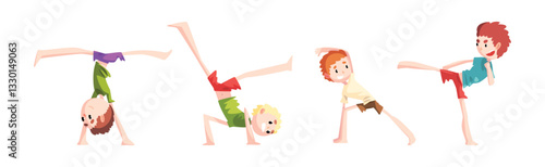 Cute Little Boy Somersaulting Doing Physical Exercise and Stunt Vector Set
