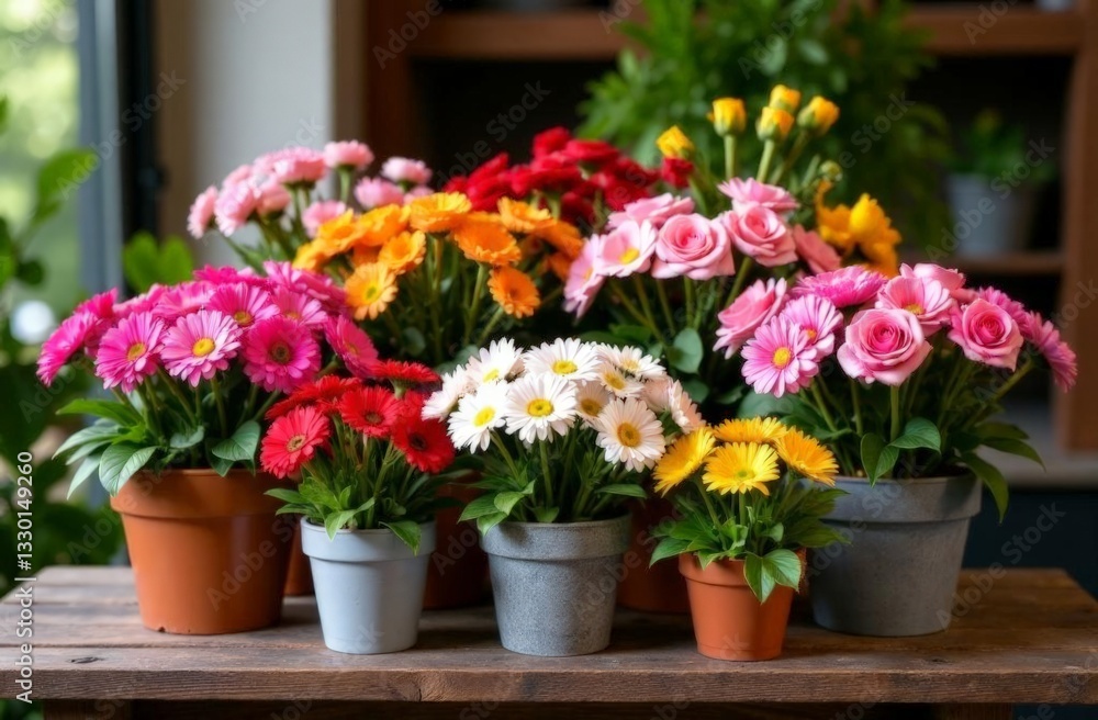 Fototapeta premium A beautiful assortment of colorful flowers, including daisies and roses, displayed in pots on a rustic wooden stand