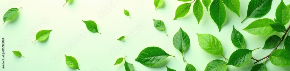 Fototapeta premium lush green leaves scattered on a white surface, texture, foliage, plant life