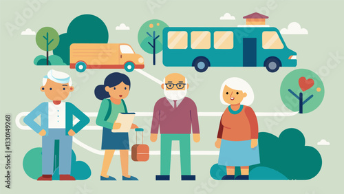 A communitybased senior support network provides free transportation services for elderly residents ensuring they can attend appointments and social events.. Vector illustration