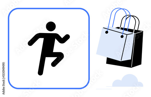 Human figure running next to shopping bags, implying urgency and excitement in shopping. Ideal for e-commerce, consumerism, retail therapy, online shopping, fast-paced lifestyle, market trends