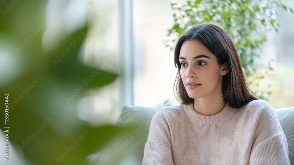 Relaxed young woman smiling, casual attire, sitting by window with greenery, conveying a sense of calm and positivity. Relaxed young woman smiling, casual attire, sitting by window with greenery, conveying a sense of calm and positivity.