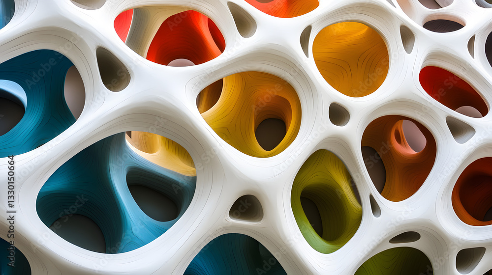 Wall of colorful shapes creating an intriguing visual display in a unique topological space representation of 3d models. Wall of colorful shapes creating an intriguing visual display in a unique topological space representation of 3d models.