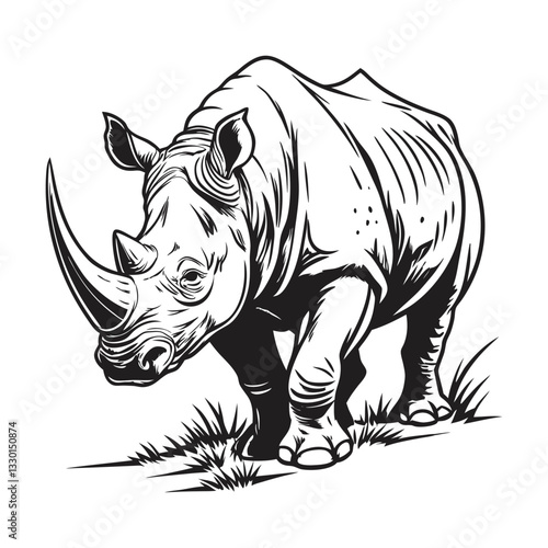 Rhino vector illustration design, detailed vector, hand drawn style, monochrome design, isolated on a white background
