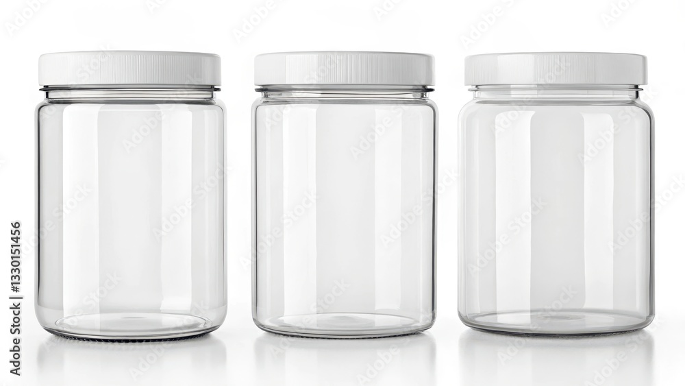 Three Clear Jars: A set of three transparent glass jars with white lids, perfect for showcasing products or storing goods. Three Clear Jars: A set of three transparent glass jars with white lids, perfect for showcasing products or storing goods.