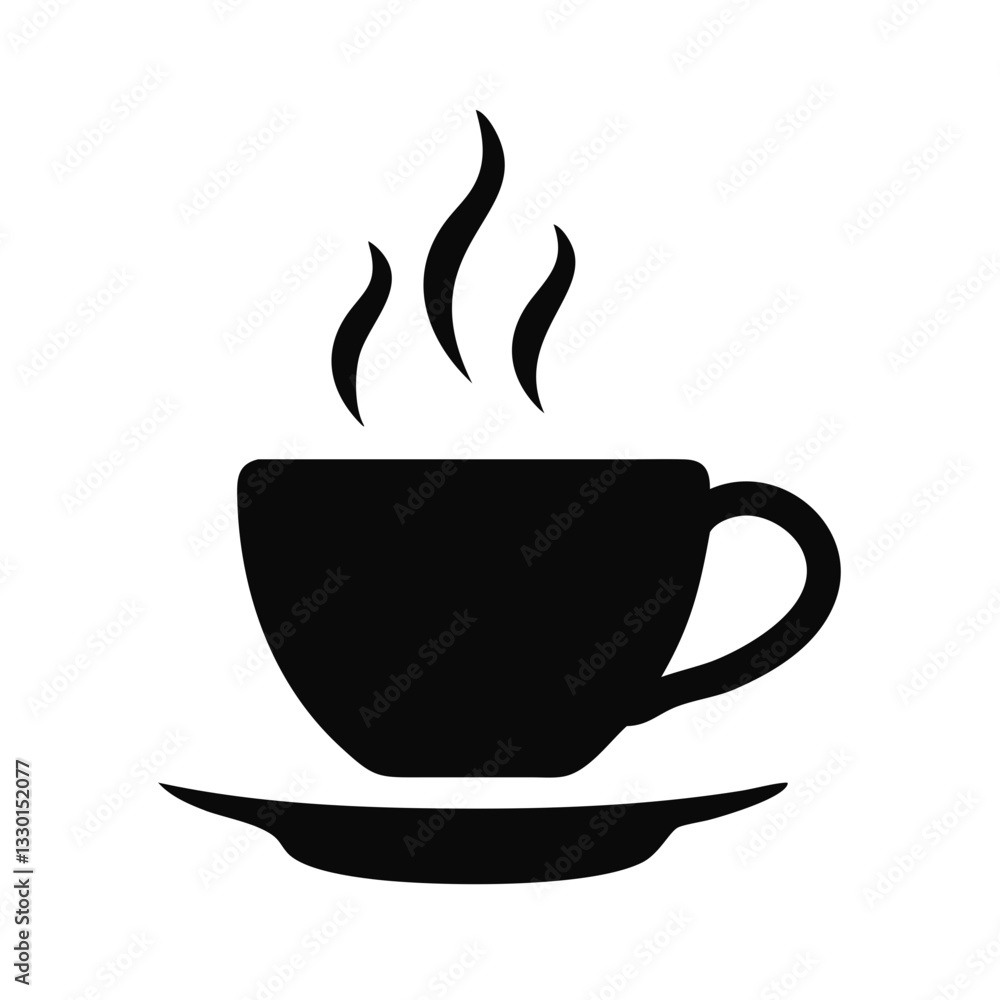 black silhouette of a steaming coffee cup on a saucer in a minimalist style on a white background