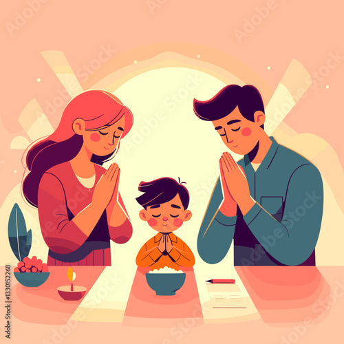 Religious education for children. Family praying together at dinner table in warm illustration with soft colors and cozy ambiance,
