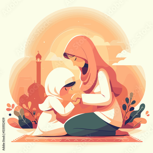 Religious education for children. Muslim woman and boy praying with devotion at sunset in a serene landscape, 
