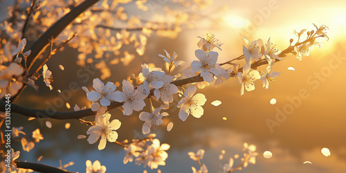 Cherry blossoms in sunset glow with falling petals over water