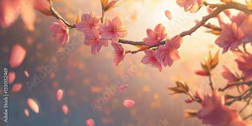 Cherry blossom branch in sunlit bloom with falling petals in soft focus