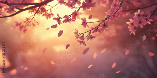 Tranquil cherry blossoms in sunset glow with falling petals