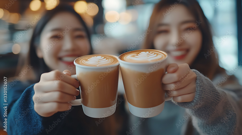 Close-up of Korean friends toasting with cups of coffee in a modern cafe, their hands and cups in focus while their joyful expressions blur in the background. Close-up of Korean friends toasting with cups of coffee in a modern cafe, their hands and cups in focus while their joyful expressions blur in the background.