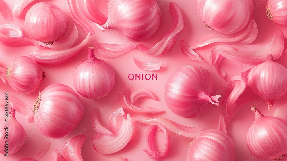 Obraz premium Pink onions arranged on a pink background. A vibrant, colorful food image.