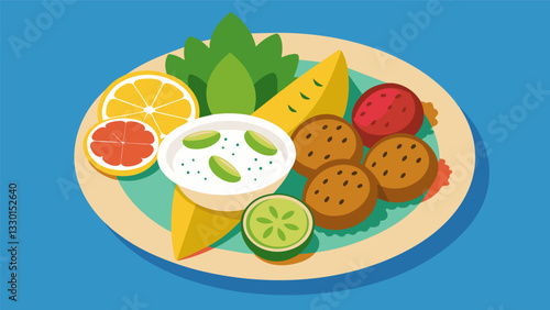 Celebrate summer with this refreshing mezze platter showcasing homemade falafel grilled zucchini and a refreshing cucumber tzatziki dip.. Vector illustration