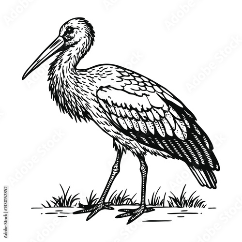 Stork vector illustration design, detailed vector, sketch style, monochrome design, isolated on a white background