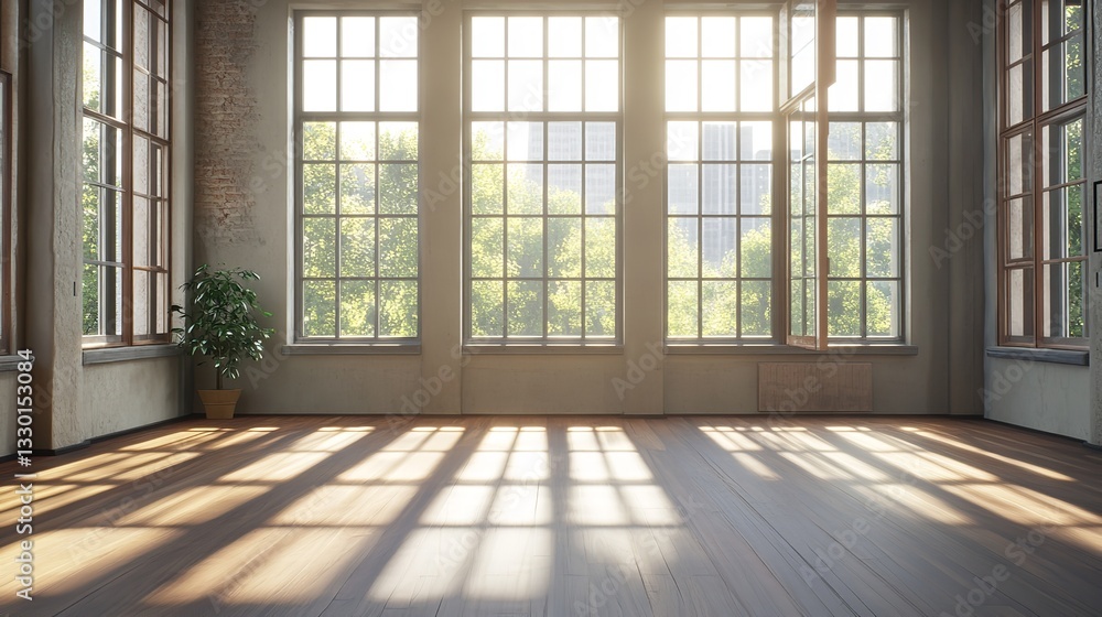 Brightly lit room with large windows casting shadows on the wooden floor and a potted plant present Brightly lit room with large windows casting shadows on the wooden floor and a potted plant present