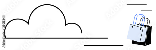 Cloud outline adjacent to shopping bags representing digital e-commerce. Ideal for cloud computing, online shopping, digital retail, technology integration, future commerce, internet services, global