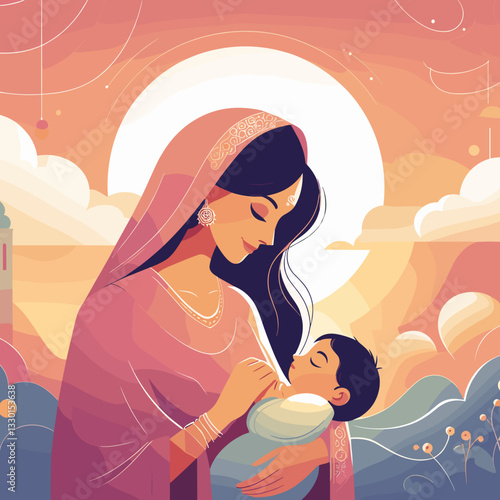 Religious education for children. Mother holding her sleeping baby in warm illustration with soft colors and serene background,
