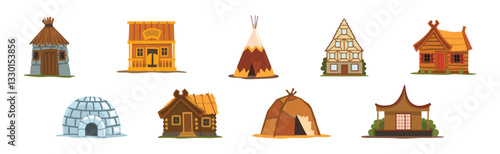 Traditional House, Hut and Dwelling of Different Material Vector Set