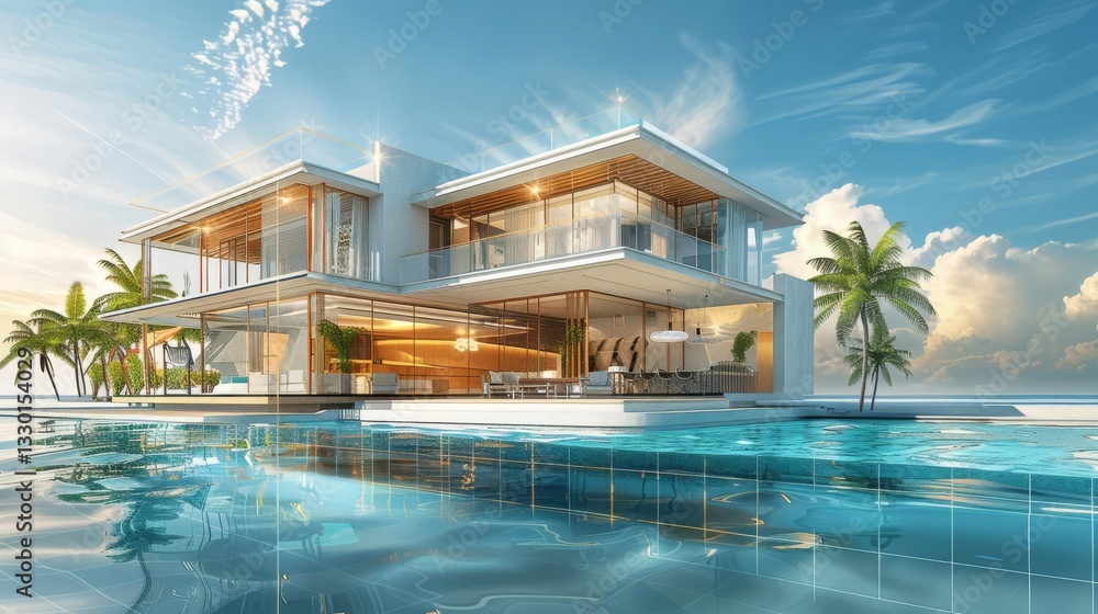 Fototapeta premium Luxurious modern house with a sparkling pool overlooking the beachfront for a dream coastal living experience