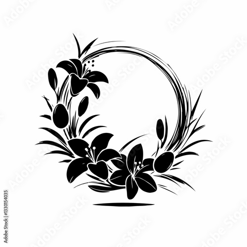 Vector black and white silhouette of an Easter wreath, made with minimalistic strokes
