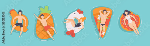 People Floating on Air Mattresses in Swimming Pool Vector Set