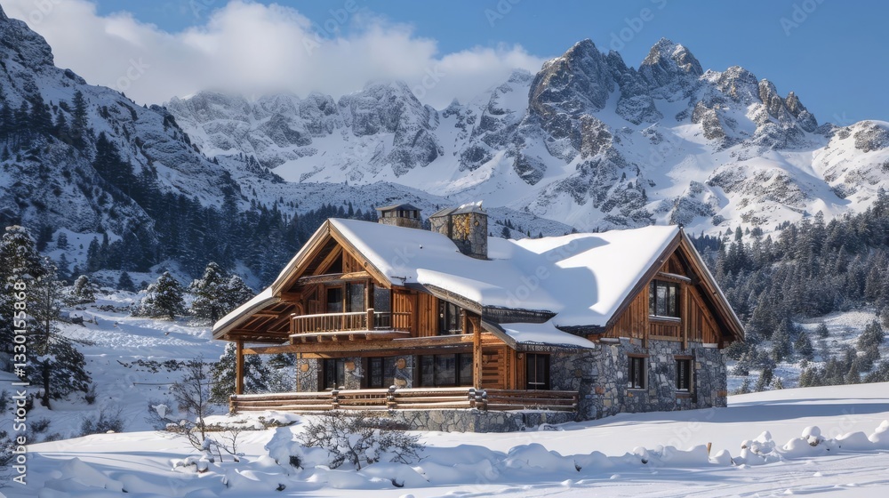 Stunning rustic mountain cabin design set against majestic mountains offering a cozy retreat in nature's splendor Stunning rustic mountain cabin design set against majestic mountains offering a cozy retreat in nature's splendor