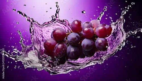 Fresh bunch of purple grapes splashing in clear water with a vibrant purple background


