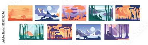 Canvas Print Beautiful Scene of Nature, Peaceful Landscape with Wild Animals Vector Set